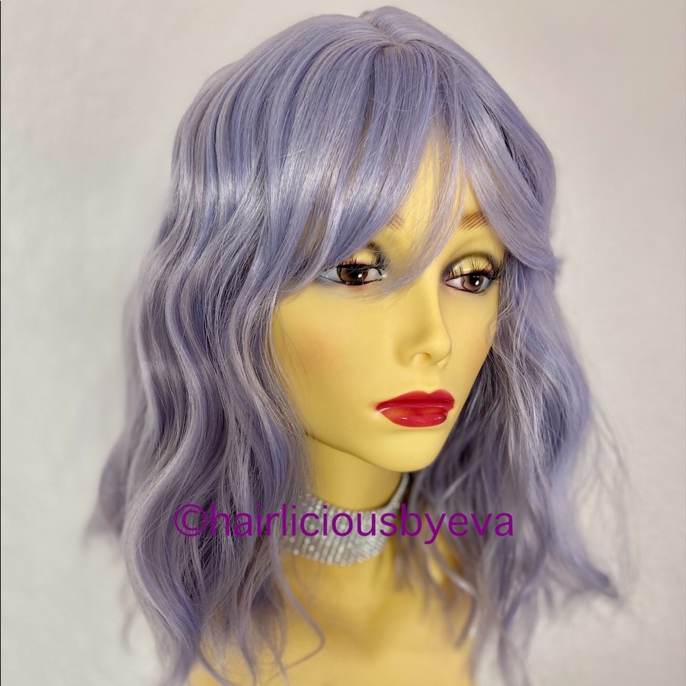 Bob wig with bangs lilac light blue wavy hair 14 inch long